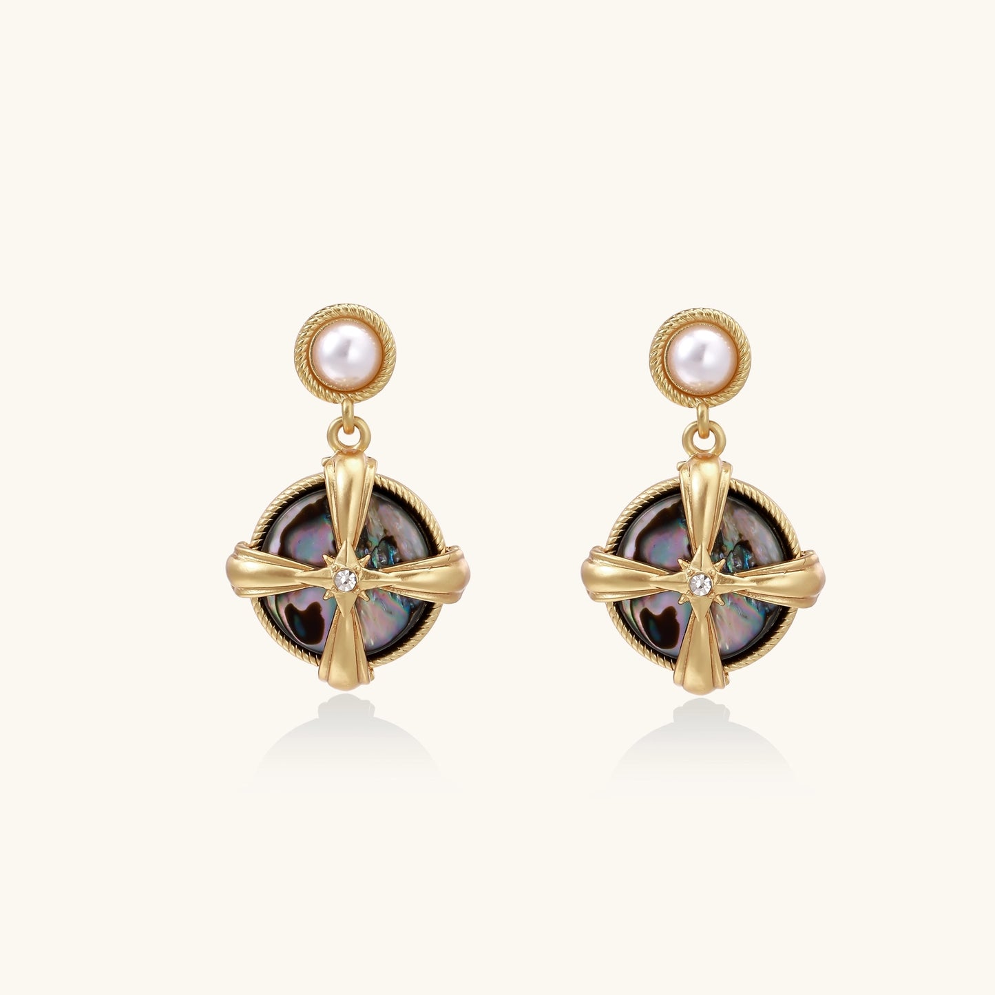 Gold-plated drop earrings with cross design framing iridescent abalone shell and pearl studs on neutral background.